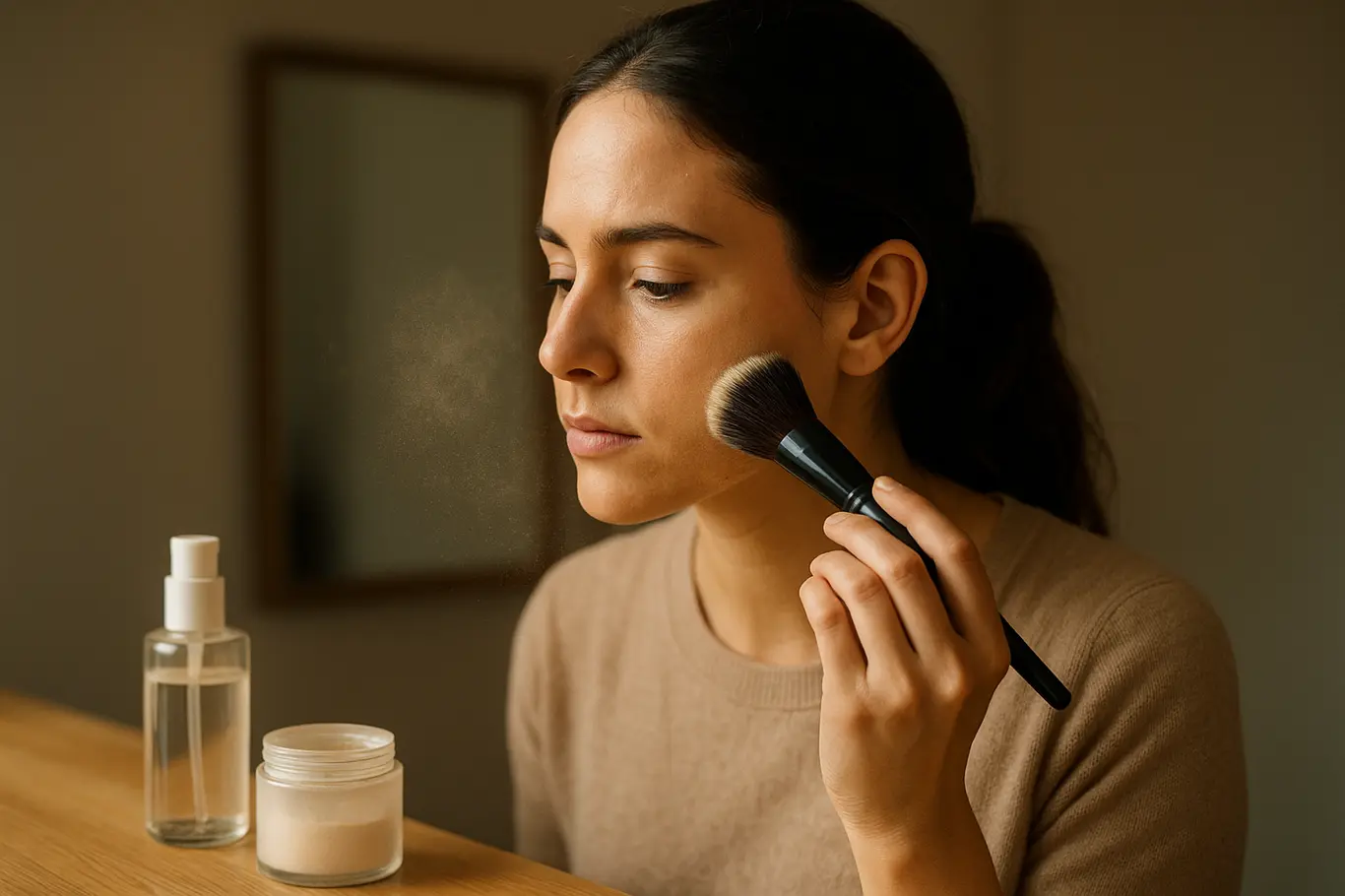 Plano médio de mulher em perfil aplicando pó translúcido com pincel, bancada com produtos ao fundo