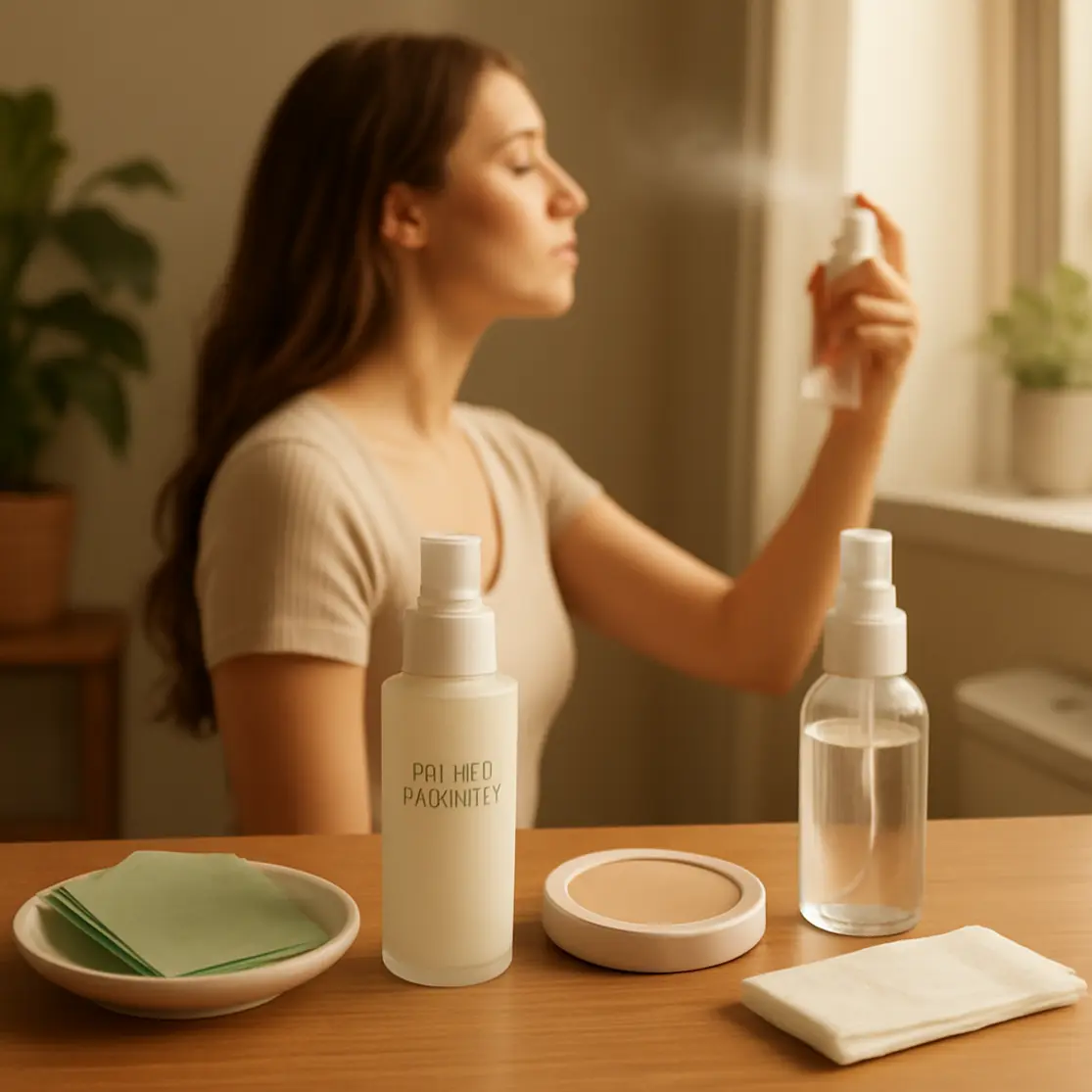 Bancada com produtos matificantes e modela ao fundo em perfil aplicando spray fixador, ambiente iluminado