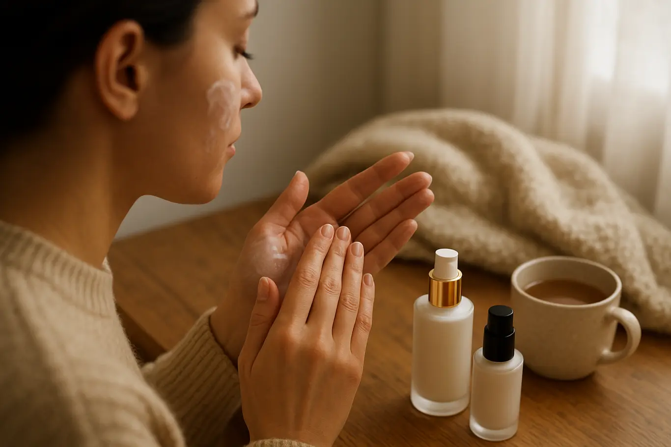 Perspectiva sobre o ombro de mãos aplicando hidratante facial antes da maquiagem