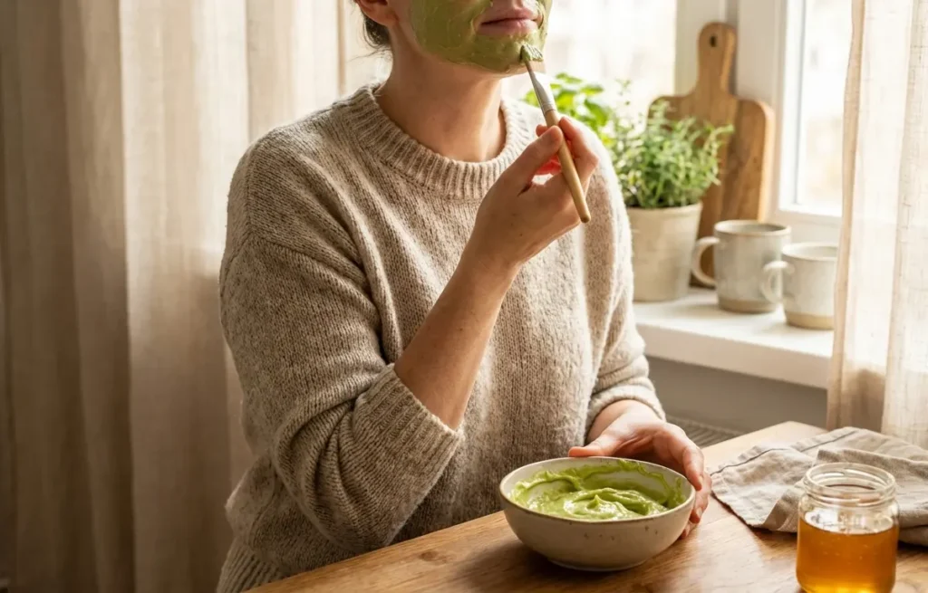 Máscara facial caseira para cada pele: receitas simples e o detalhe que muda tudo Pessoa aplicando máscara facial caseira na metade inferior do rosto junto à janela da cozinha