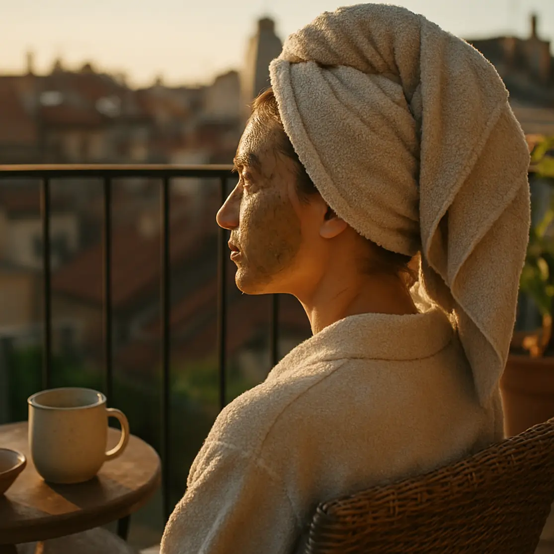 Pessoa com máscara facial e toalha na cabeça sentada na varanda ao pôr do sol, vista de três quartos