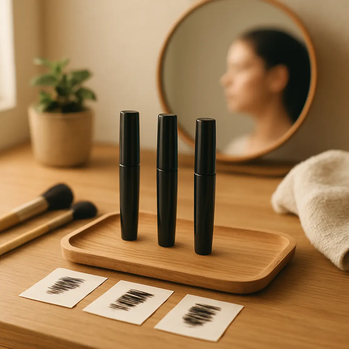 Bancada de maquiagem com três máscaras alinhadas e swatches sem manchas, espelho refletindo perfil desfocado