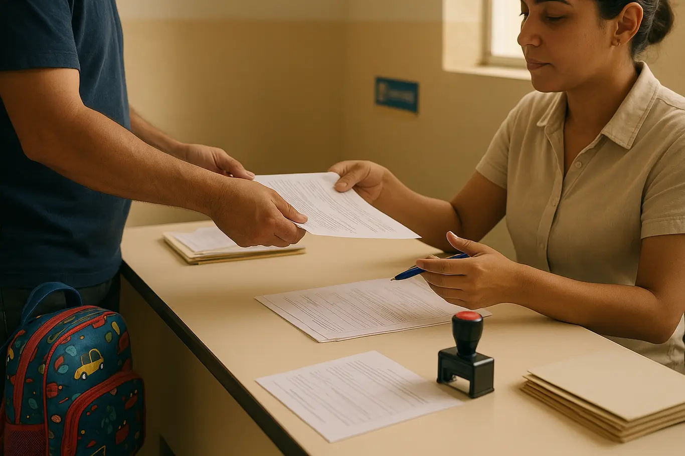 Pai entregando documentos no balcão de matrícula visto em 3/4, foco nas mãos e papéis.
