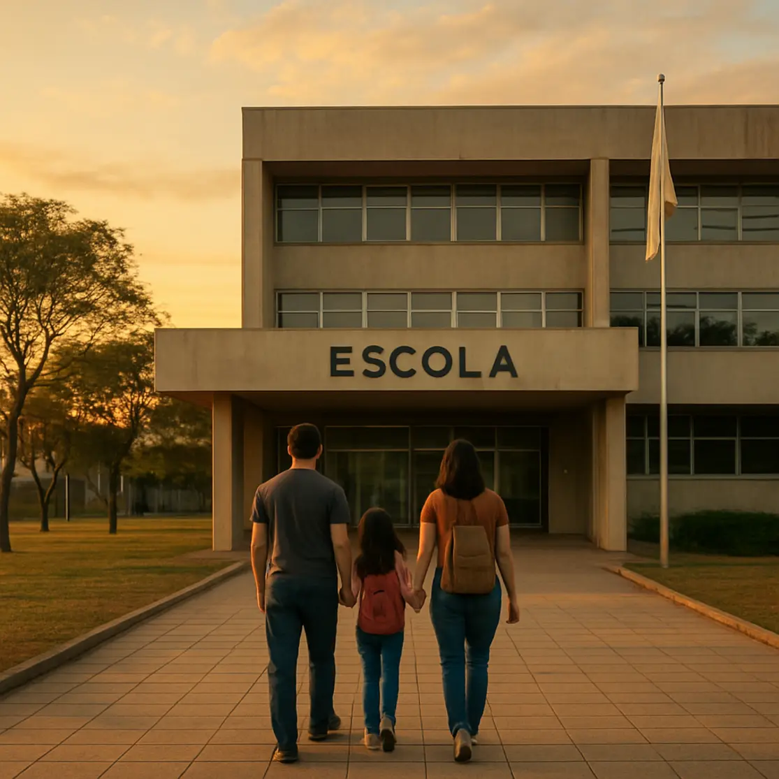 Fachada de escola pública em Brasília com família caminhando em direção à entrada vista de trás.