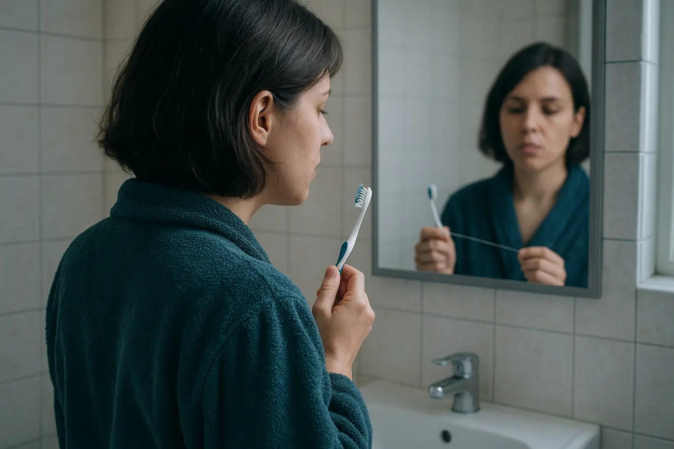 Plano médio de pessoa de ombro segurando escova de dentes e fio dental em banheiro, avaliando o hálito.