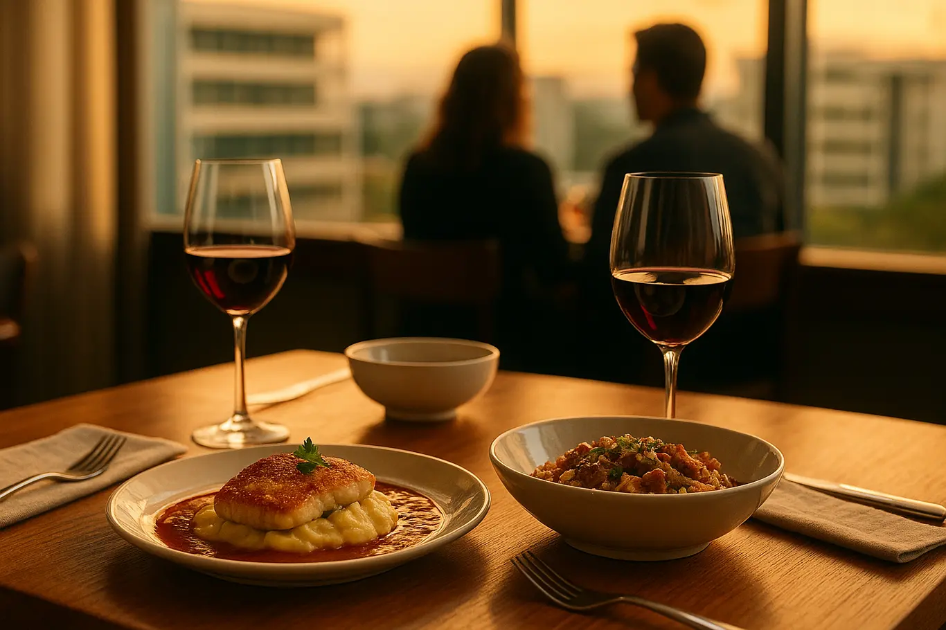 Mesa posta com pratos e taças em restaurante de Brasília, com silhuetas de comensais ao fundo