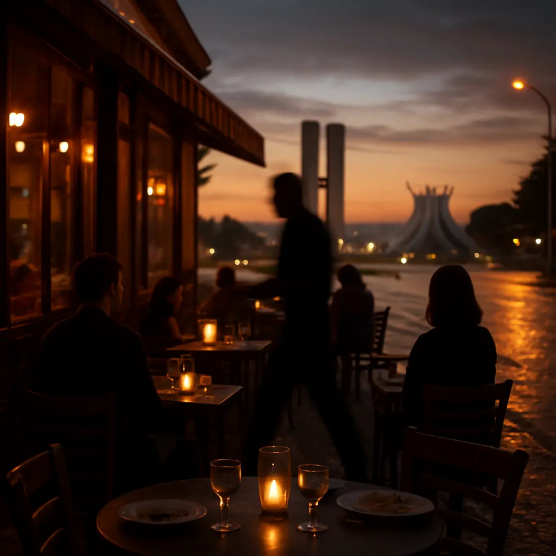 Fachada e calçada de restaurante em Brasília ao crepúsculo com mesas externas e iluminação quente