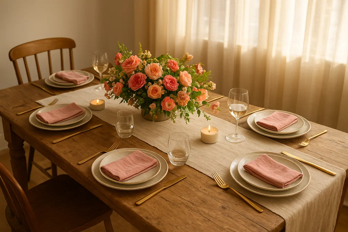 Vista ampla da mesa posta com centro de mesa floral e velas para o Dia das Mães