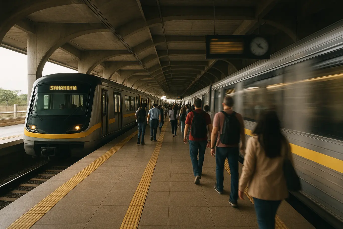 Plataforma do Metrô de Brasília em ângulo baixo com trens em operação e passageiros em perfil.