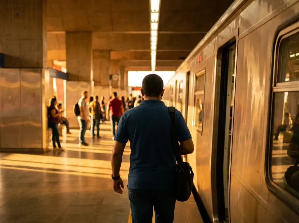 Passageiro de costas embarcando em trem do Metrô de Brasília com luz dourada na plataforma.