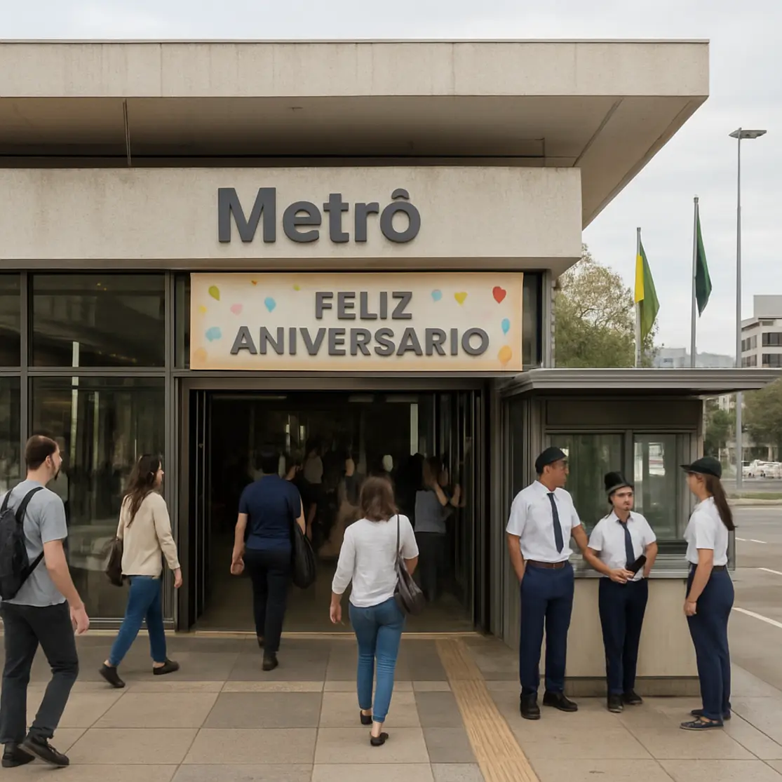 Entrada externa de estação do Metrô de Brasília com fachada modernista e pessoas em perfil.