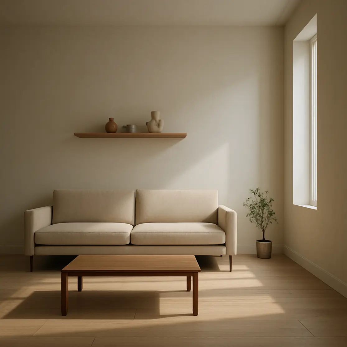 Visão ampla de sala pequena minimalista com sofá, mesa baixa e estante flutuante.