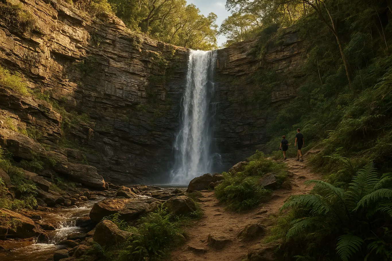 Cachoeira entre formações rochosas em São Thomé das Letras com trilha e vegetação