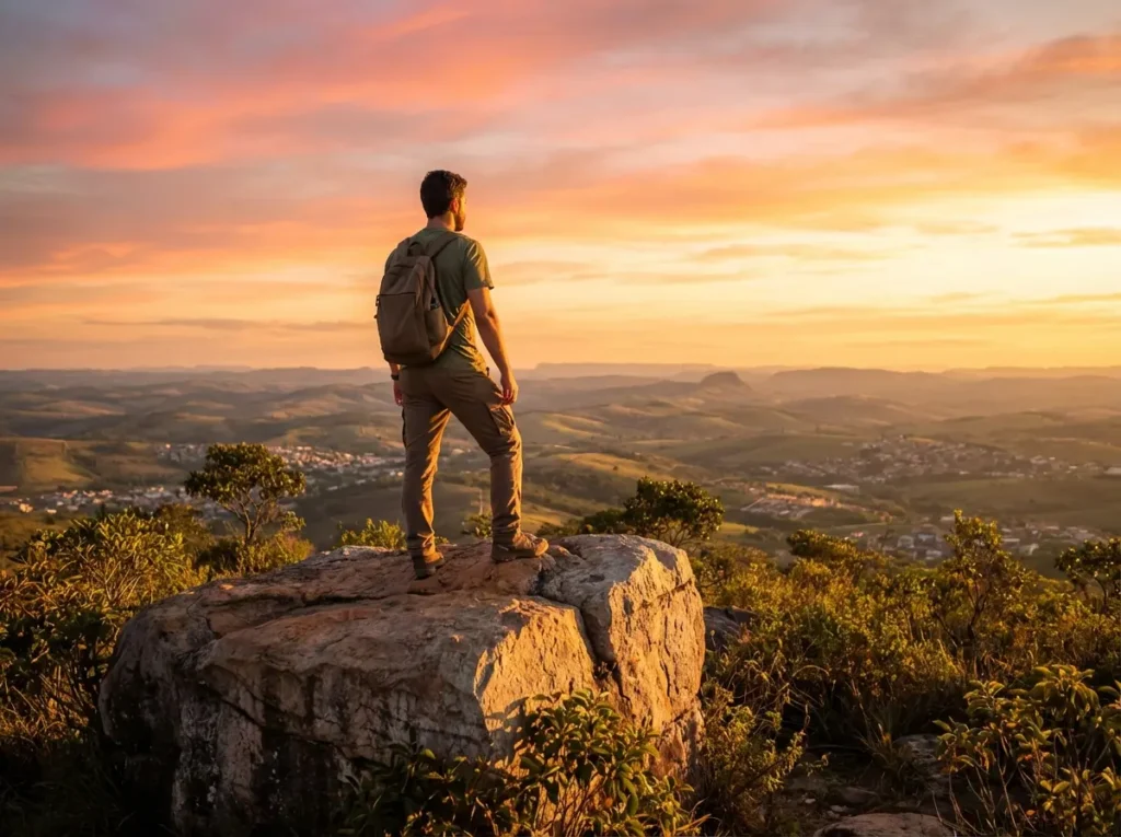 Viajante de costas em mirante de São Thomé das Letras ao pôr do sol, rochas e céu laranja