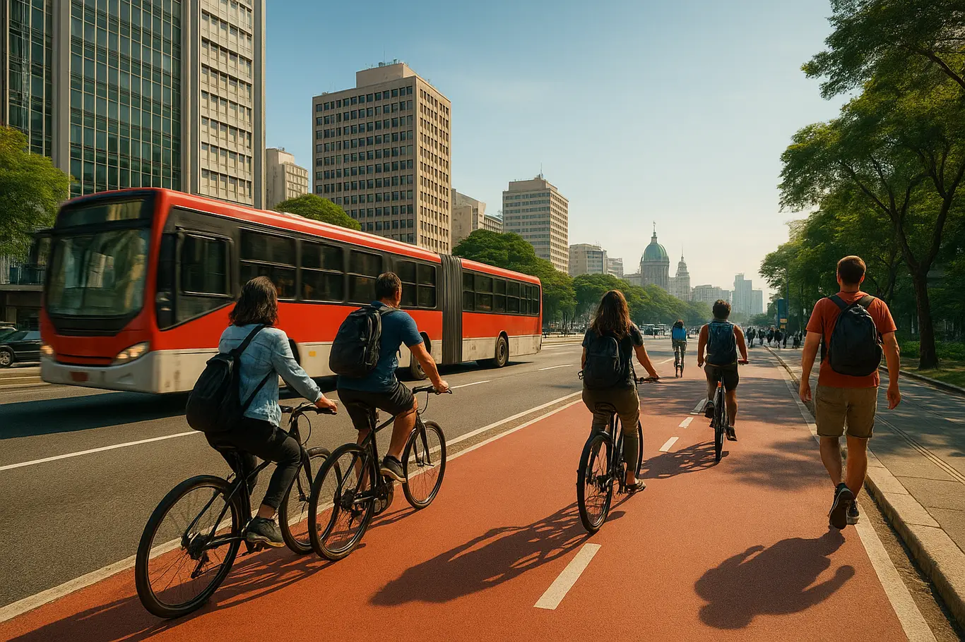 Ciclovia movimentada e ônibus em Brasília, vista ampla em ângulo baixo