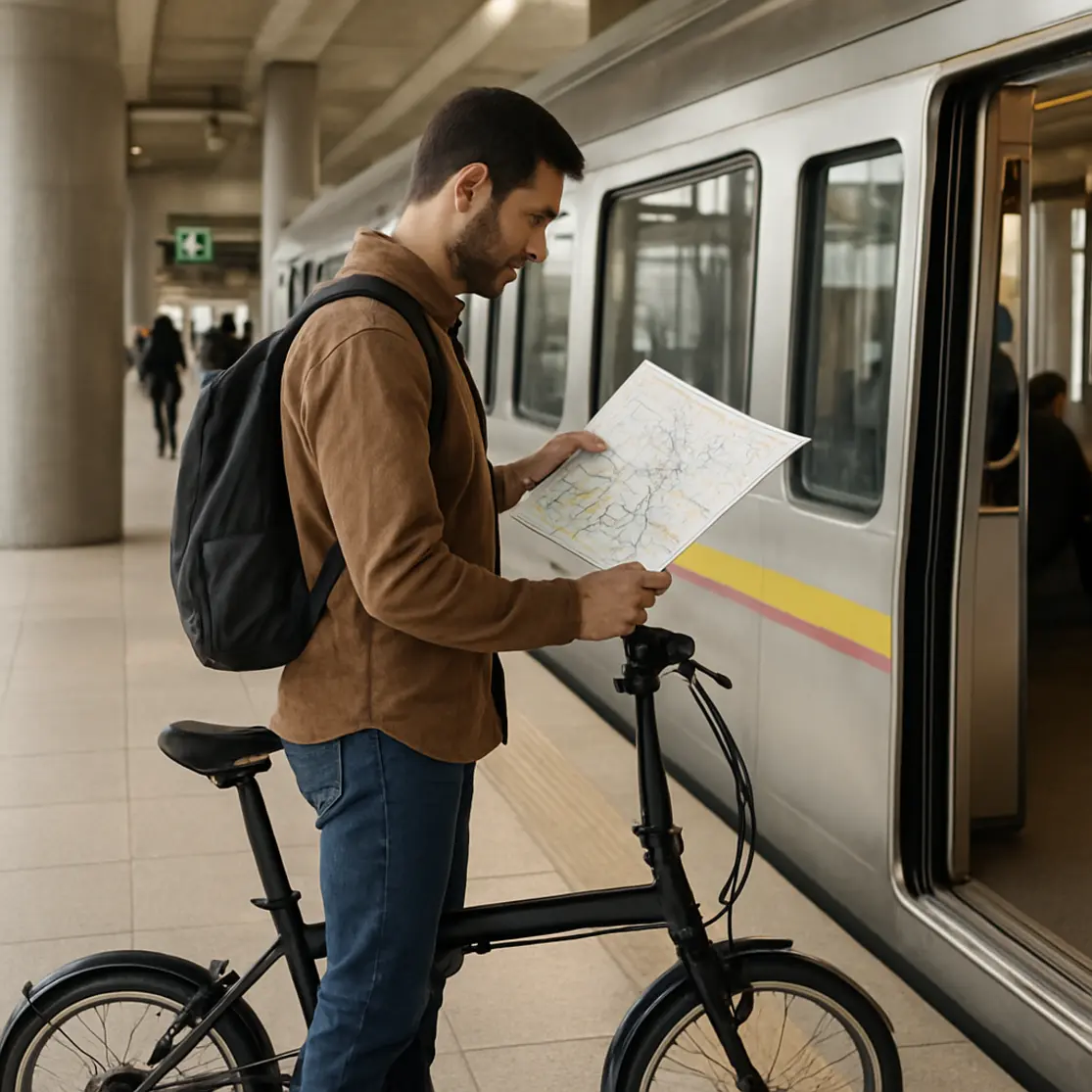Passageiro em perfil no metrô de Brasília com bicicleta dobrável, consultando mapa