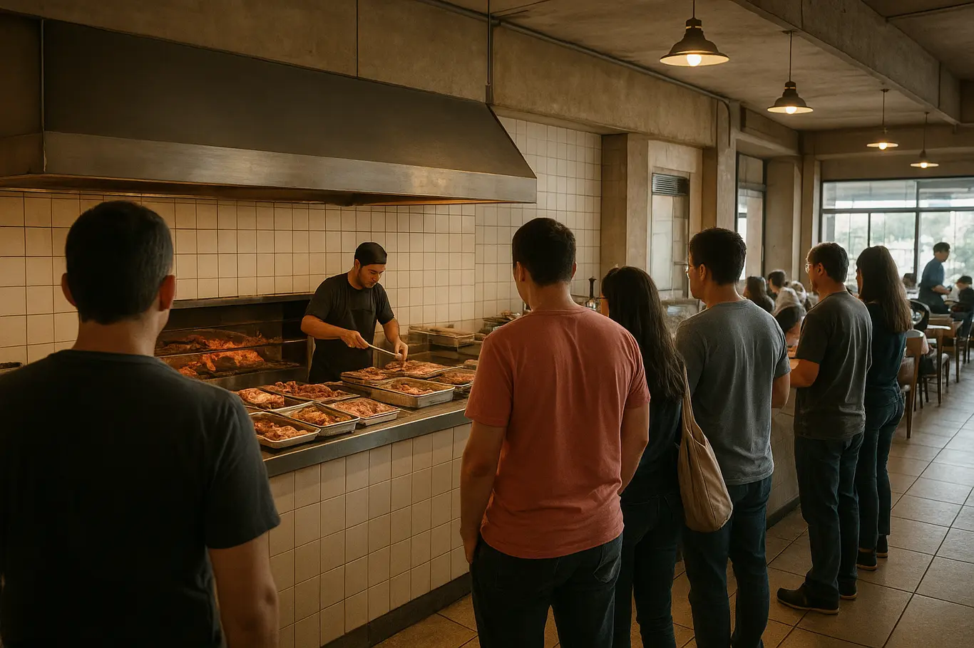 Visão ampla do salão com fila de clientes de costas e churrasqueira ao fundo.