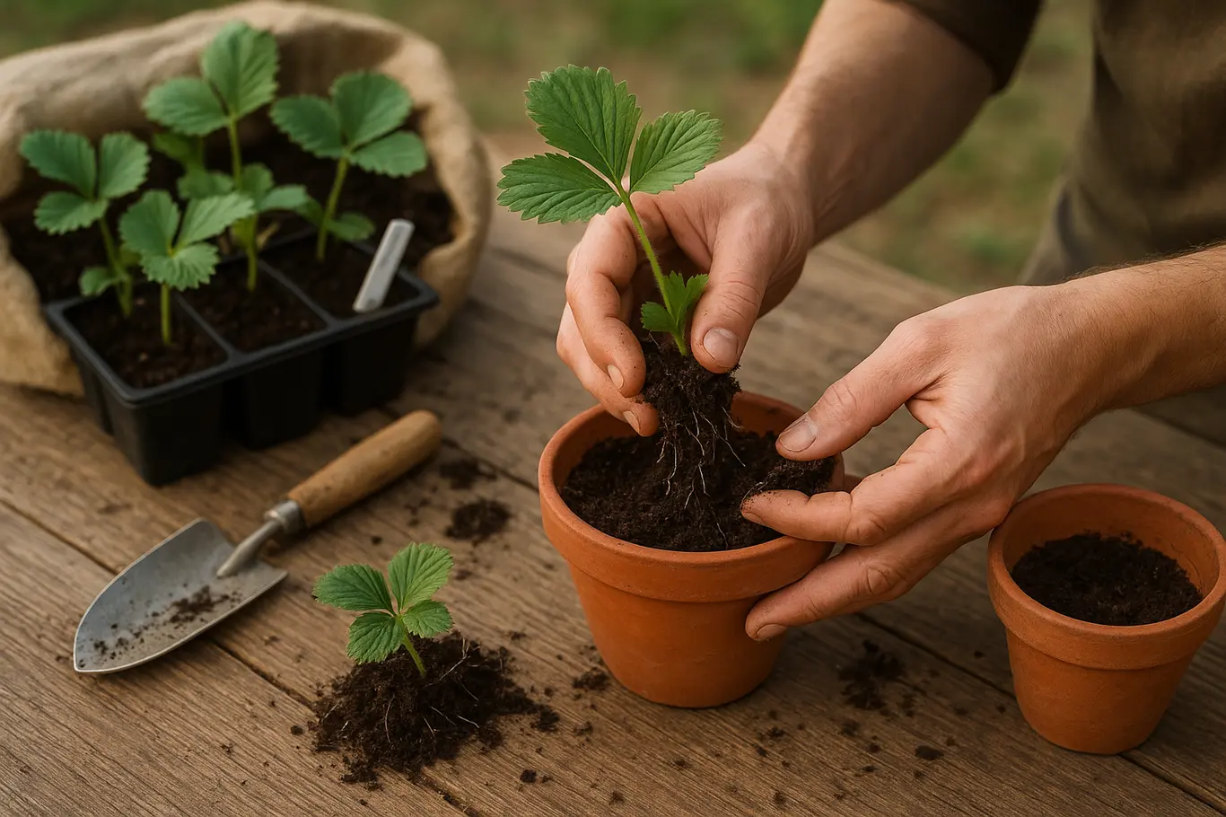 Mãos transplantando mudas de morango em vaso sobre mesa