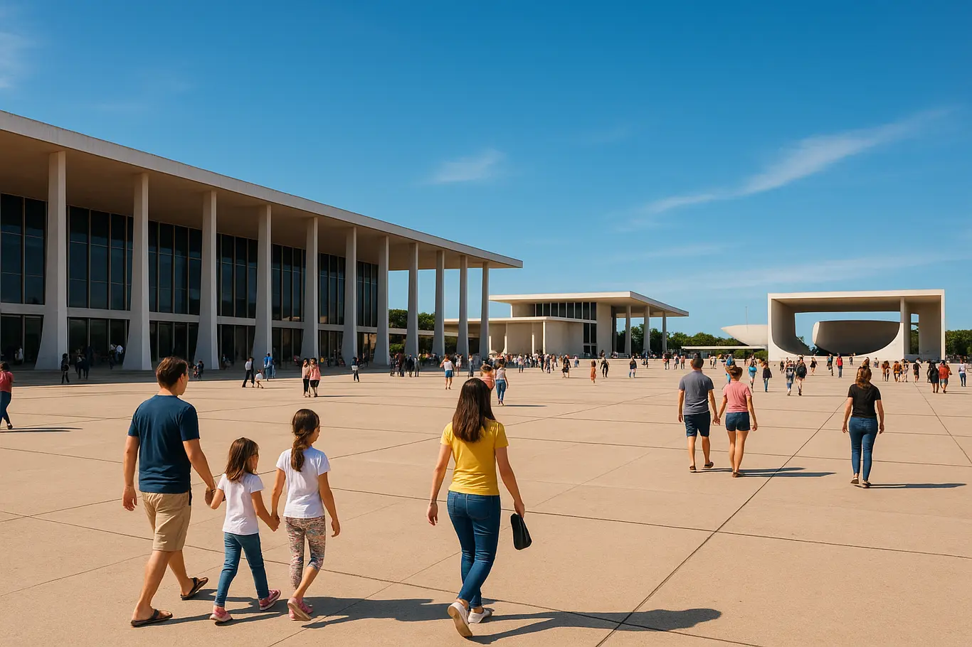 Praça em frente a museus de Brasília com visitantes em uma manhã de feriado