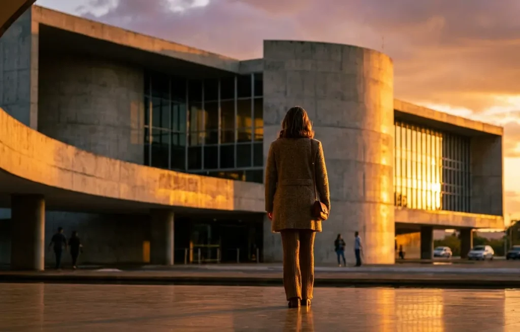 Visitante de costas observando fachada modernista de museu em Brasília ao pôr do sol