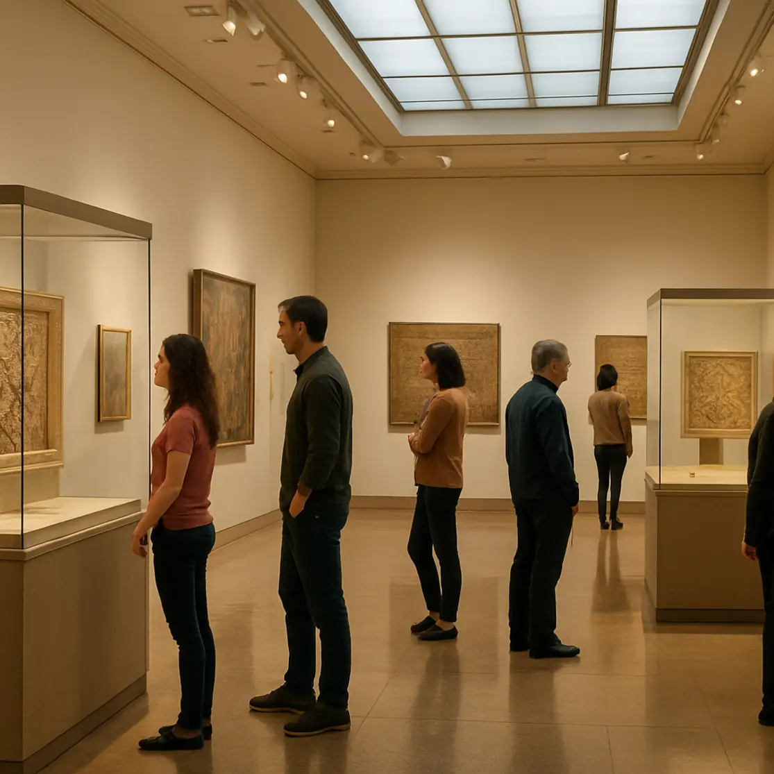 Interior de galeria de museu em Brasília com visitantes observando obras