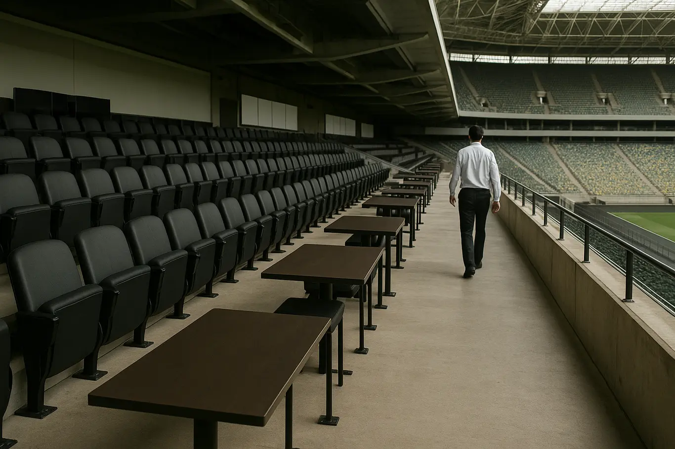 Setor premium vazio com plaquetas de reserva em branco e mesas desocupadas dentro do estádio em Brasília