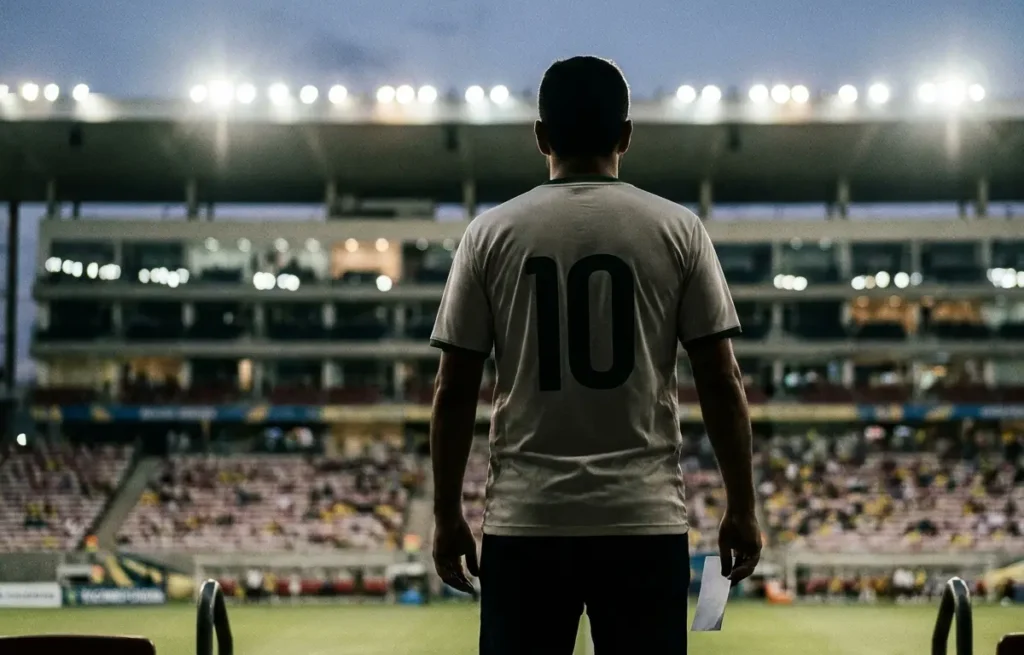 Torcedor visto de costas com camisa número 10 segurando bilhete em arquibancada vazia do estádio em Brasília