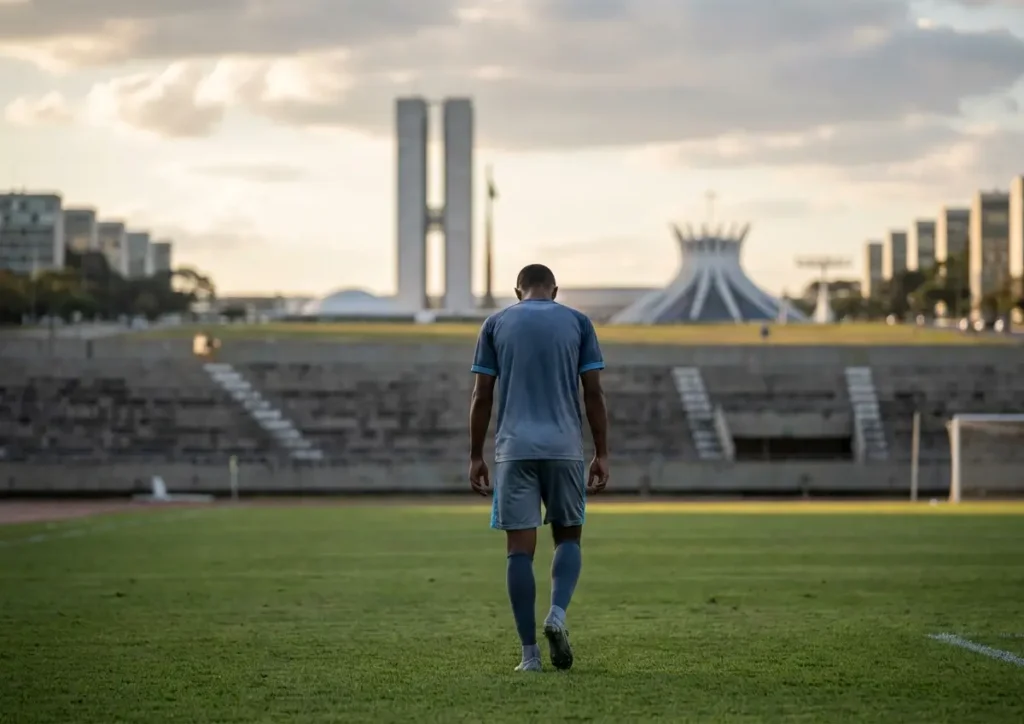 Jogador de costas saindo de estádio vazio com horizonte de Brasília ao fundo