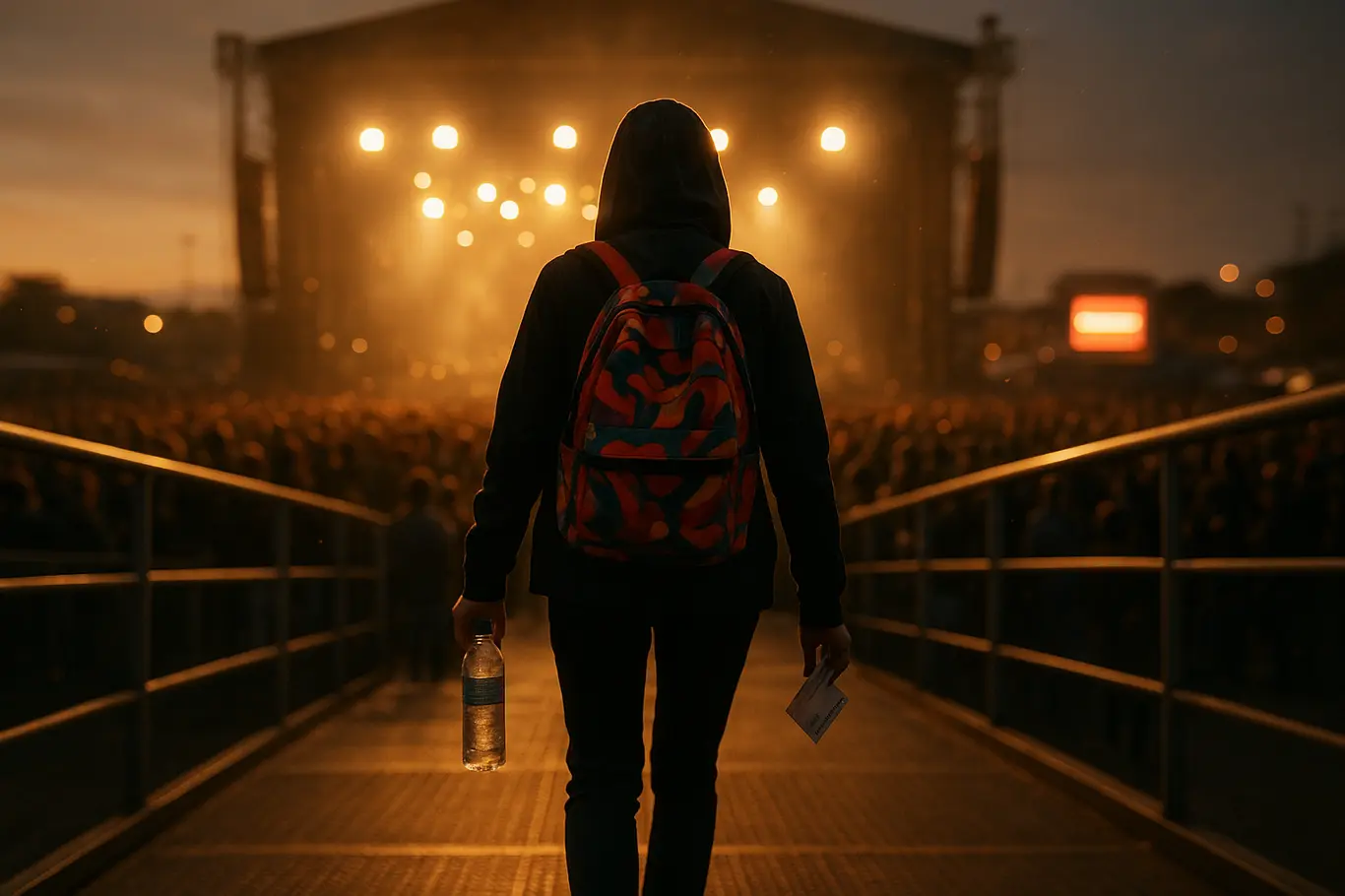 Pessoa de costas caminhando com mochila para o palco ao pôr do sol, cena ampla do evento