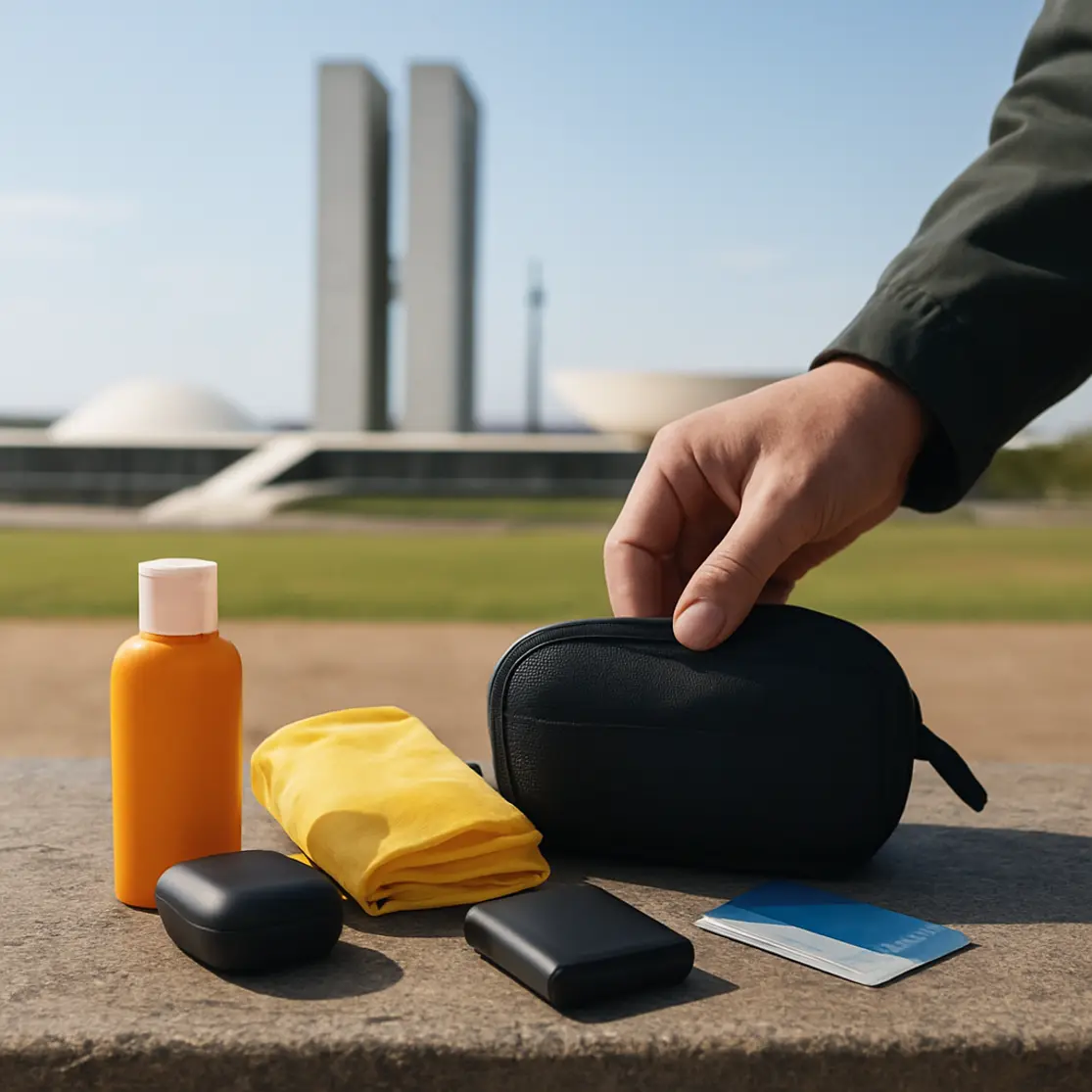 Mesa com protetor solar, protetor auricular e powerbank, Congresso Nacional desfocado ao fundo