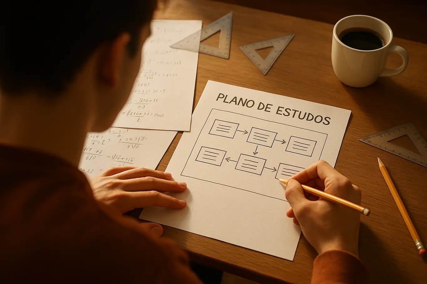 Plano médio sobre o ombro de estudante consultando plano de estudos e escrevendo equações