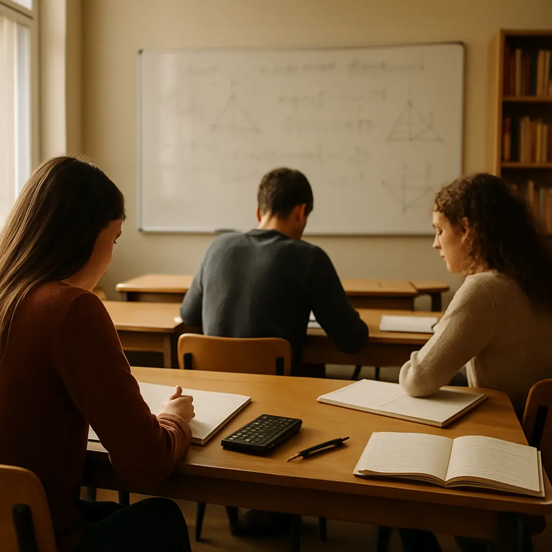Ambiente de estudo coletivo com pessoas de costas, quadro com diagramas e luz natural