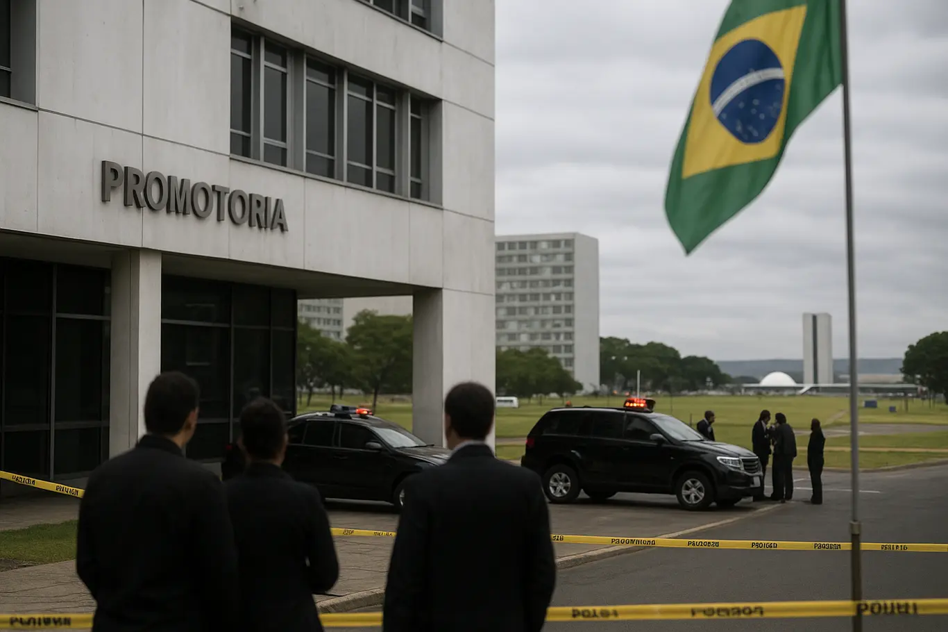 Fachada da Promotoria em Brasília com veículos oficiais e silhuetas não identificáveis; o Congresso Nacional ao fundo.