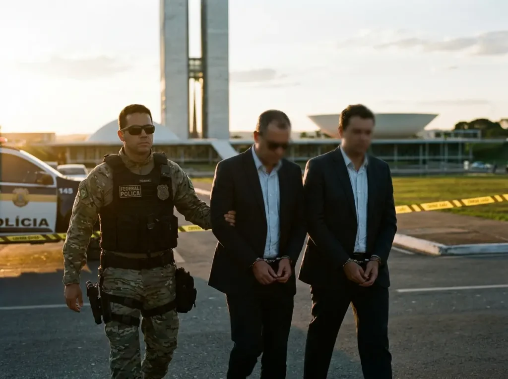 Agente policial escolta suspeitos algemados com o Congresso ao fundo, rostos desfocados