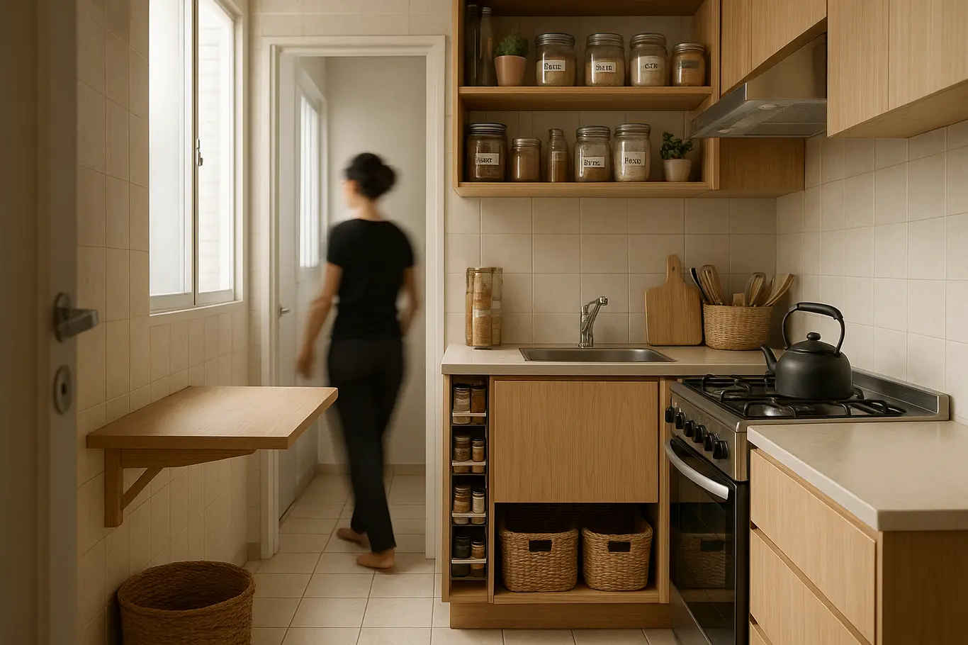 Visão ampla de cozinha pequena organizada com prateleiras abertas e mesa dobrável