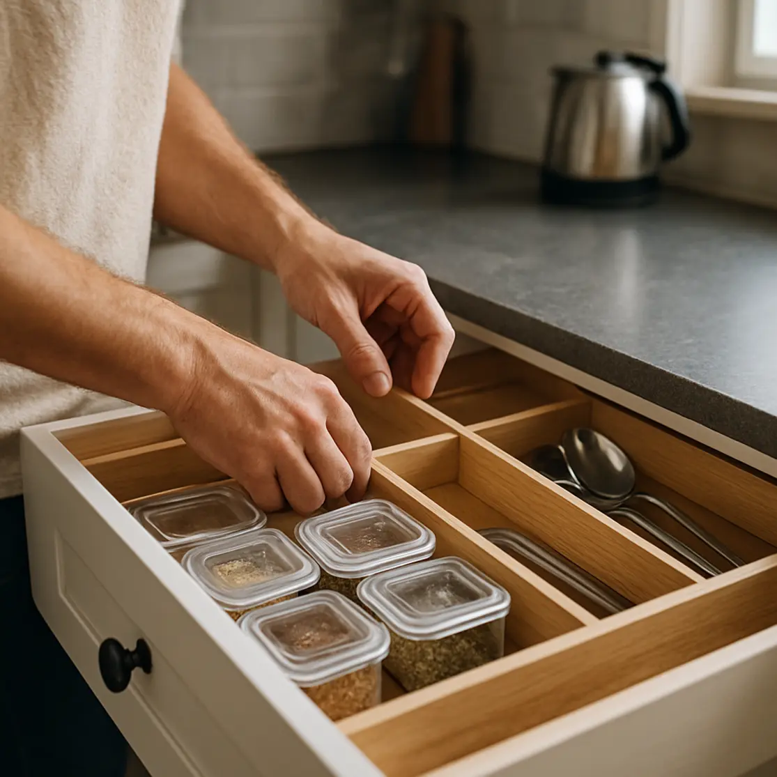 Mãos organizando gaveta com divisórias e potes em cozinha pequena