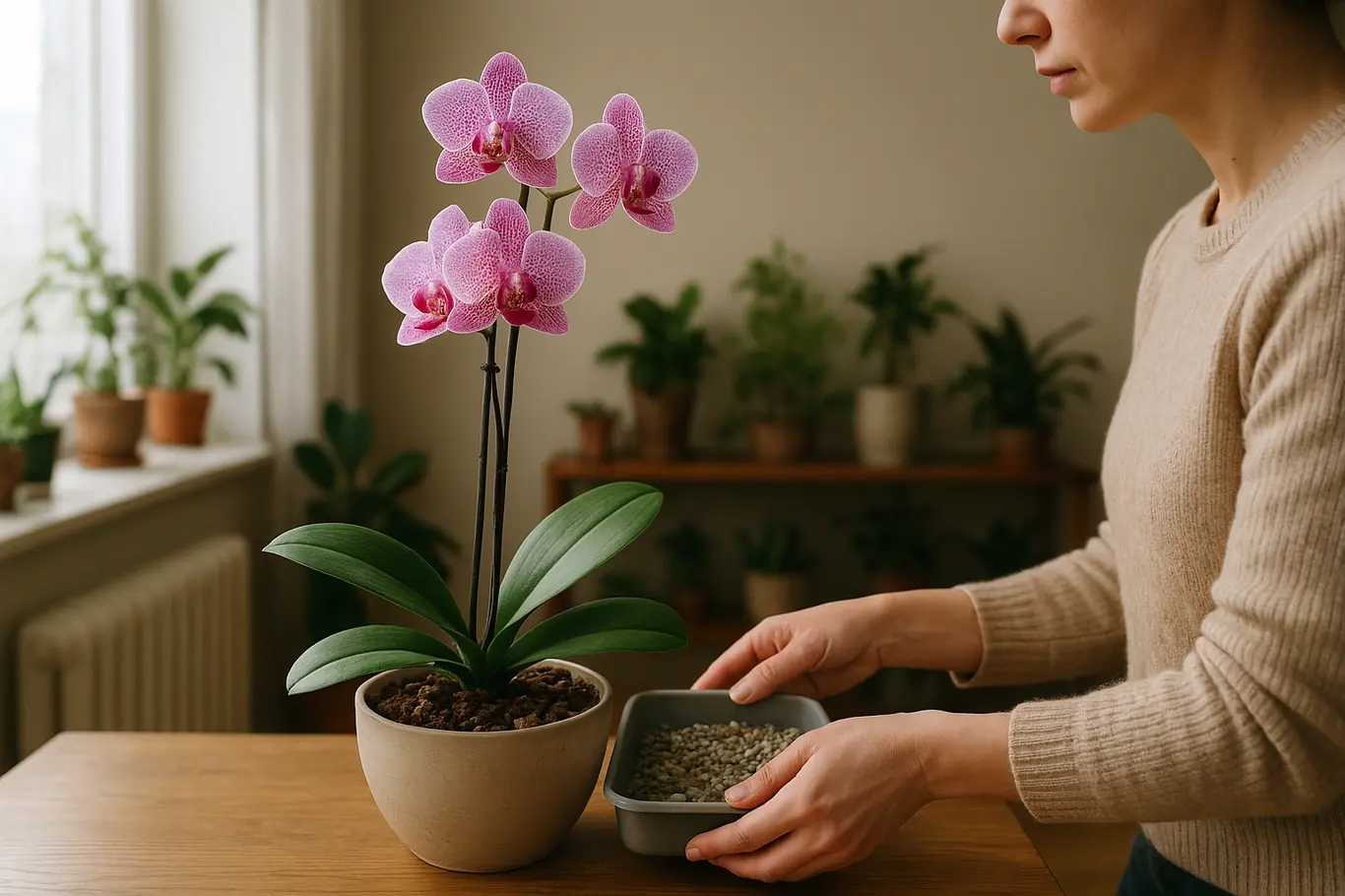 Pessoa em perfil ajustando bandeja de umidificação para orquídea em ambiente de inverno