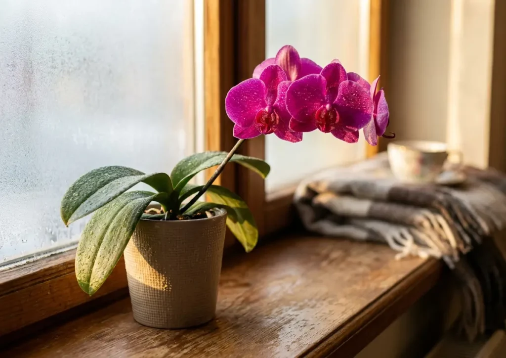 Orquídea Phalaenopsis magenta em parapeito de janela com gotas de água no inverno