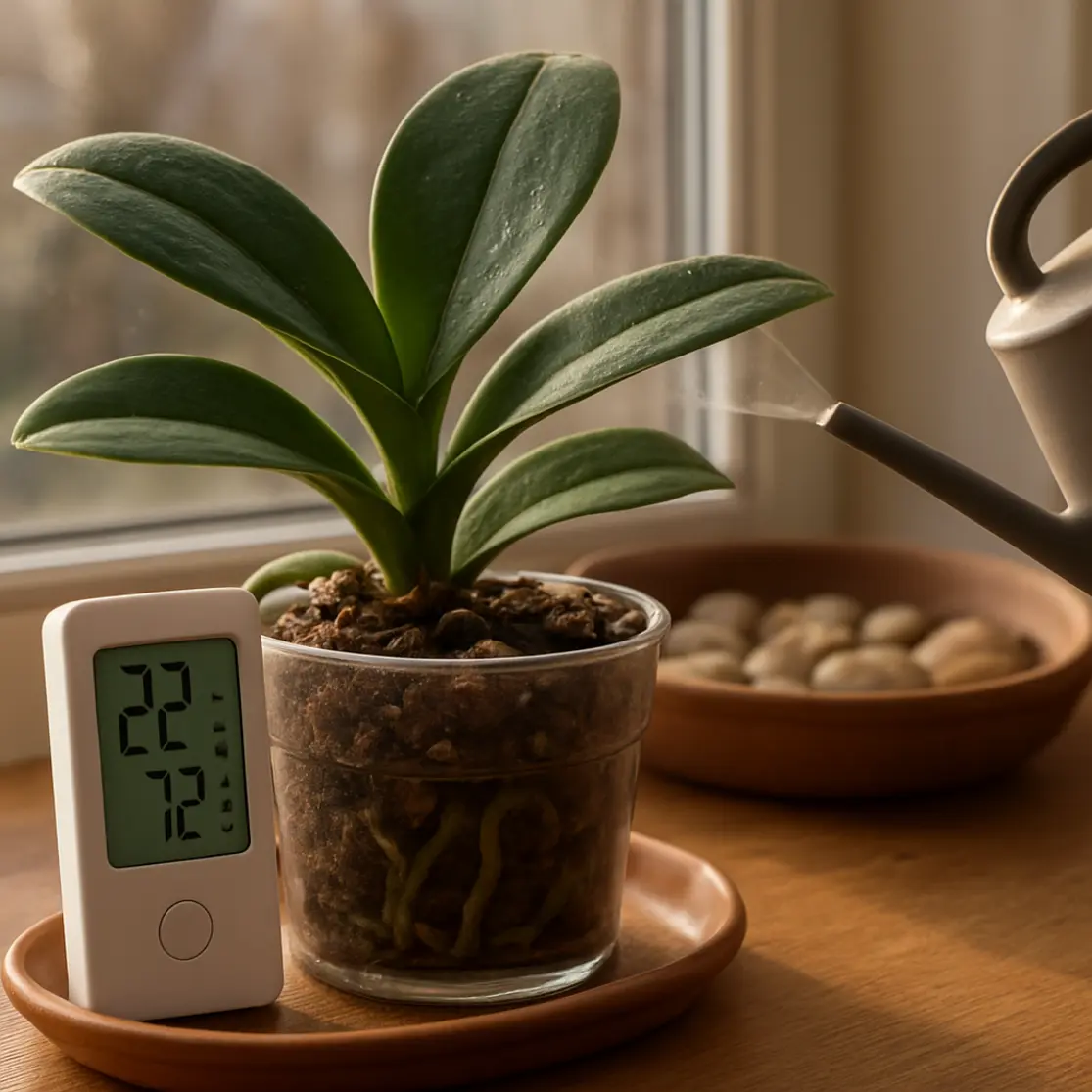 Termômetro, regador e raízes de orquídea mostrando cuidados de rega e temperatura no inverno