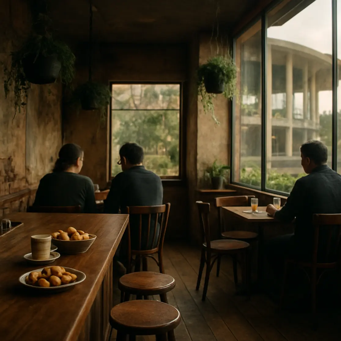 Interior do Oscarito com balcão de madeira, mesas com petiscos e clientes de costas, janela com vista urbana