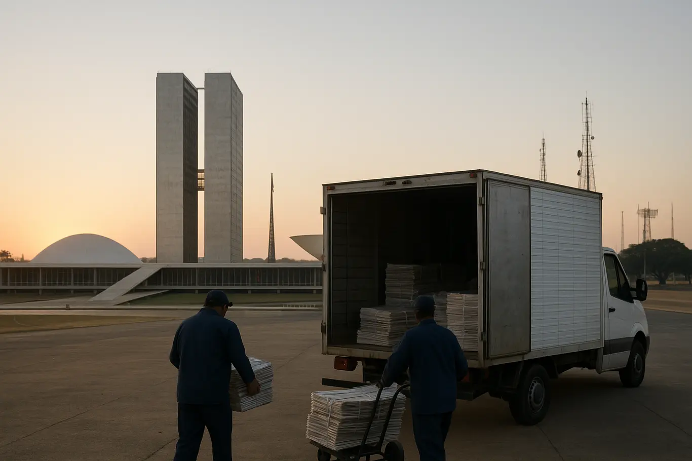 Congresso Nacional ao amanhecer com caminhão de jornais sendo descarregado em primeiro plano