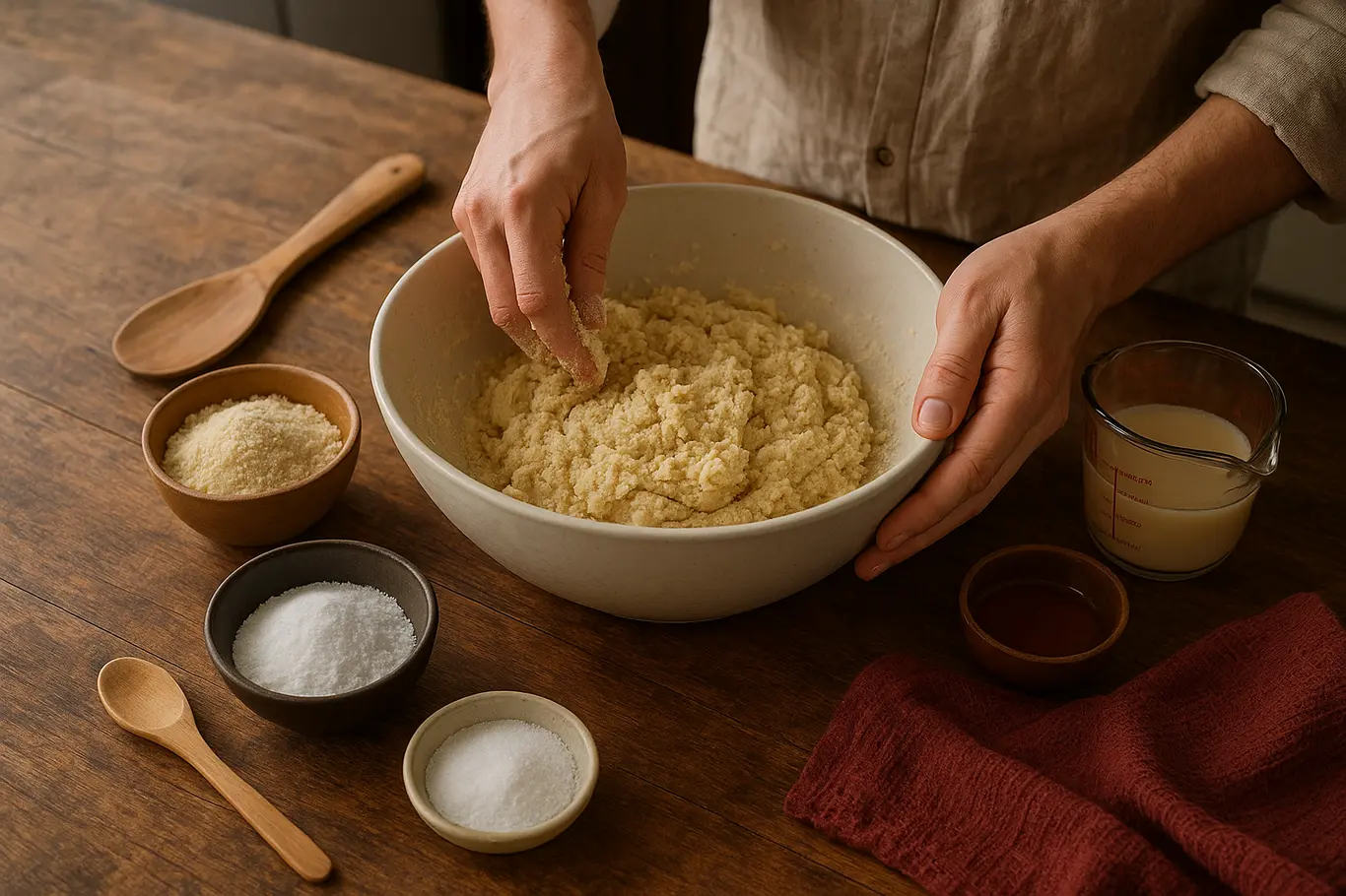 Tigela com massa sem farinha de trigo sendo misturada por mãos, bancada com ingredientes e utensílios de cozinha.