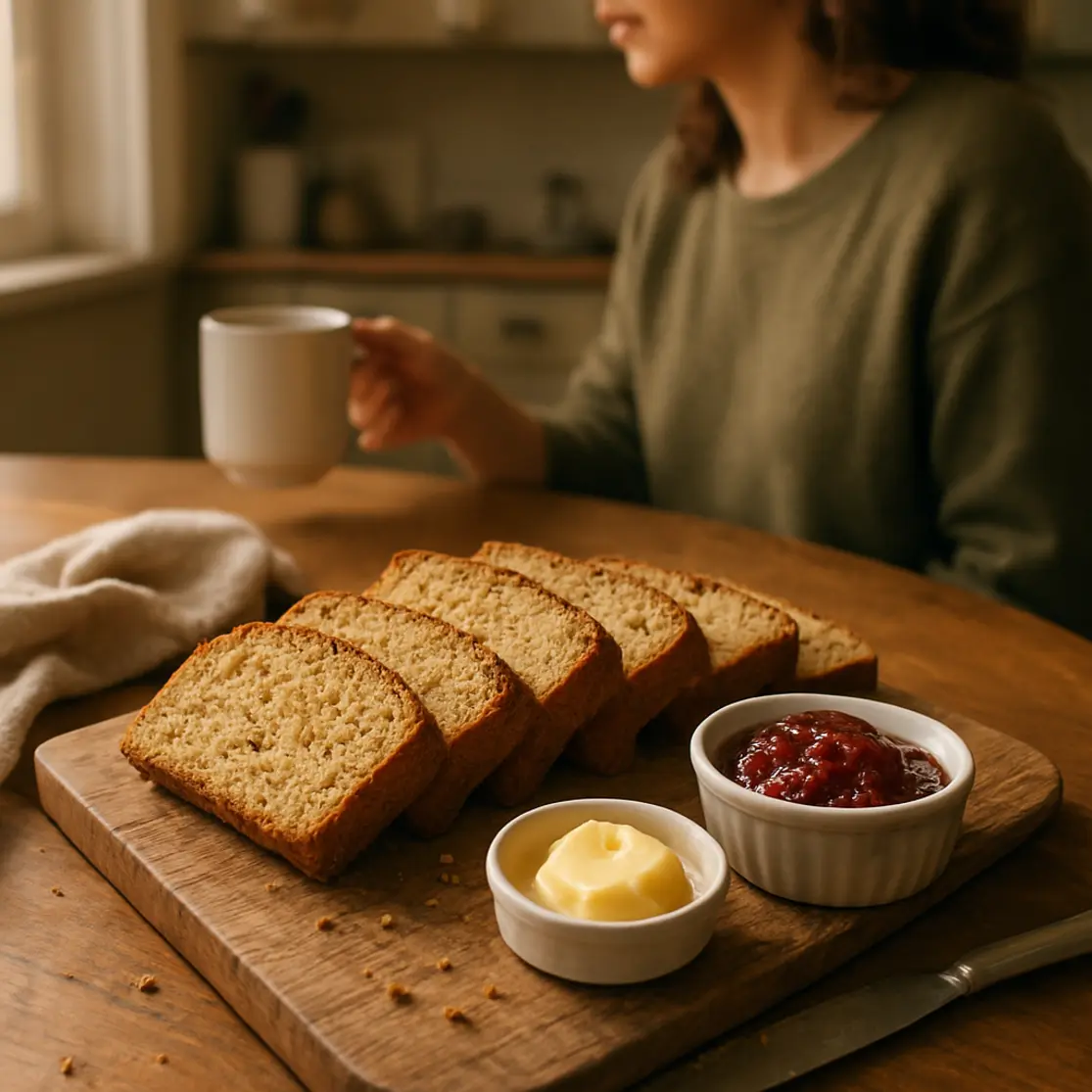 Mesa de café com fatias de pão sem farinha de trigo, manteiga, compota e xícara de café, pessoa de perfil ao fundo.