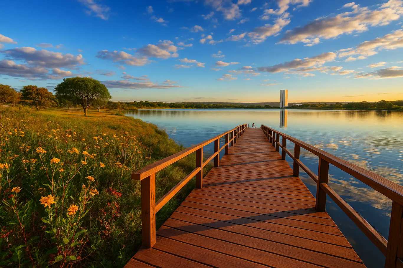 Vista ampla do lago e passadiço com flores do cerrado e visitantes ao longe