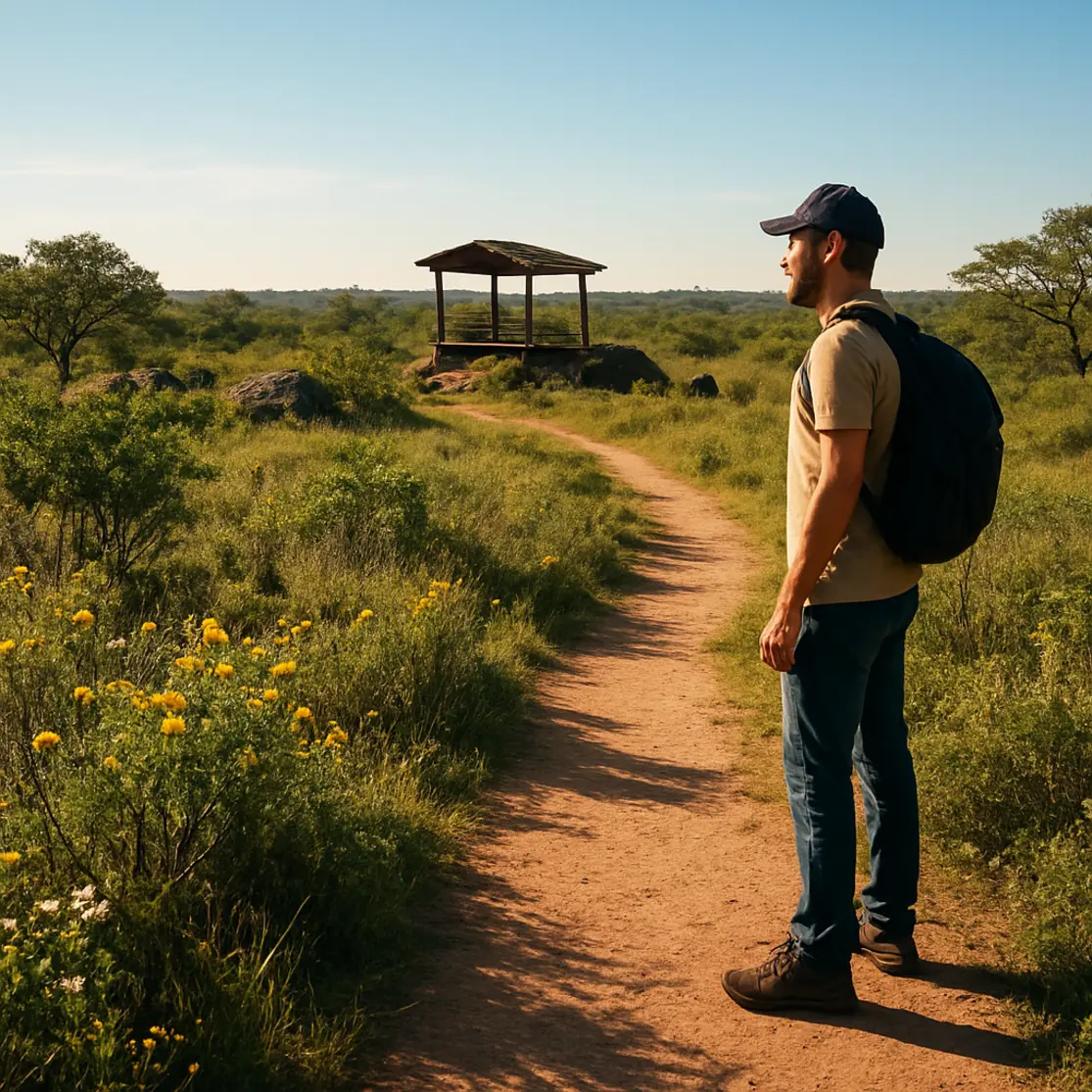Trilhas e vegetação do cerrado com mirante rústico ao fundo em parque de Brasília