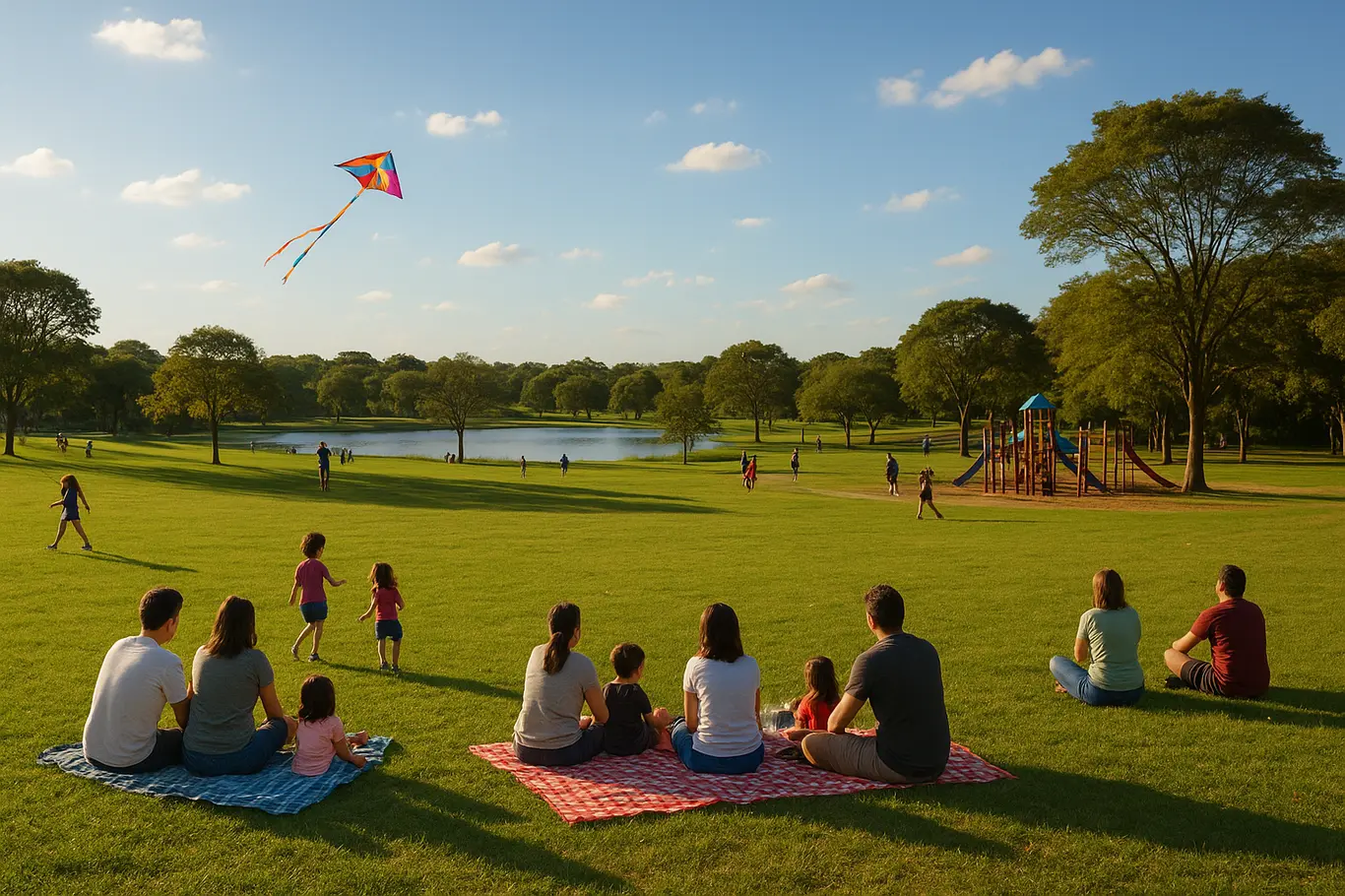 Famílias e pessoas de costas no gramado do Parque da Cidade com pipas e pista ao fundo