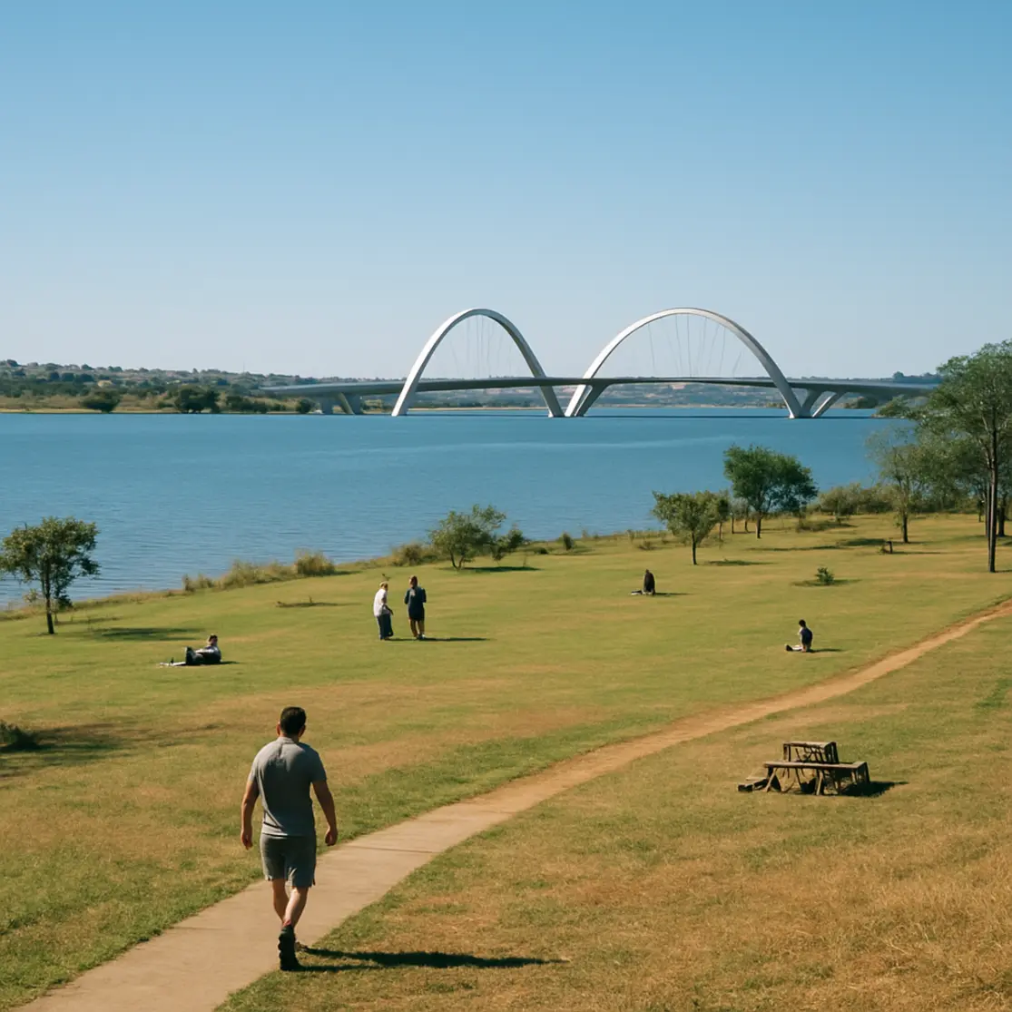 Panorâmica do parque com lago, Ponte JK ao fundo, gramados e trilhas visíveis.