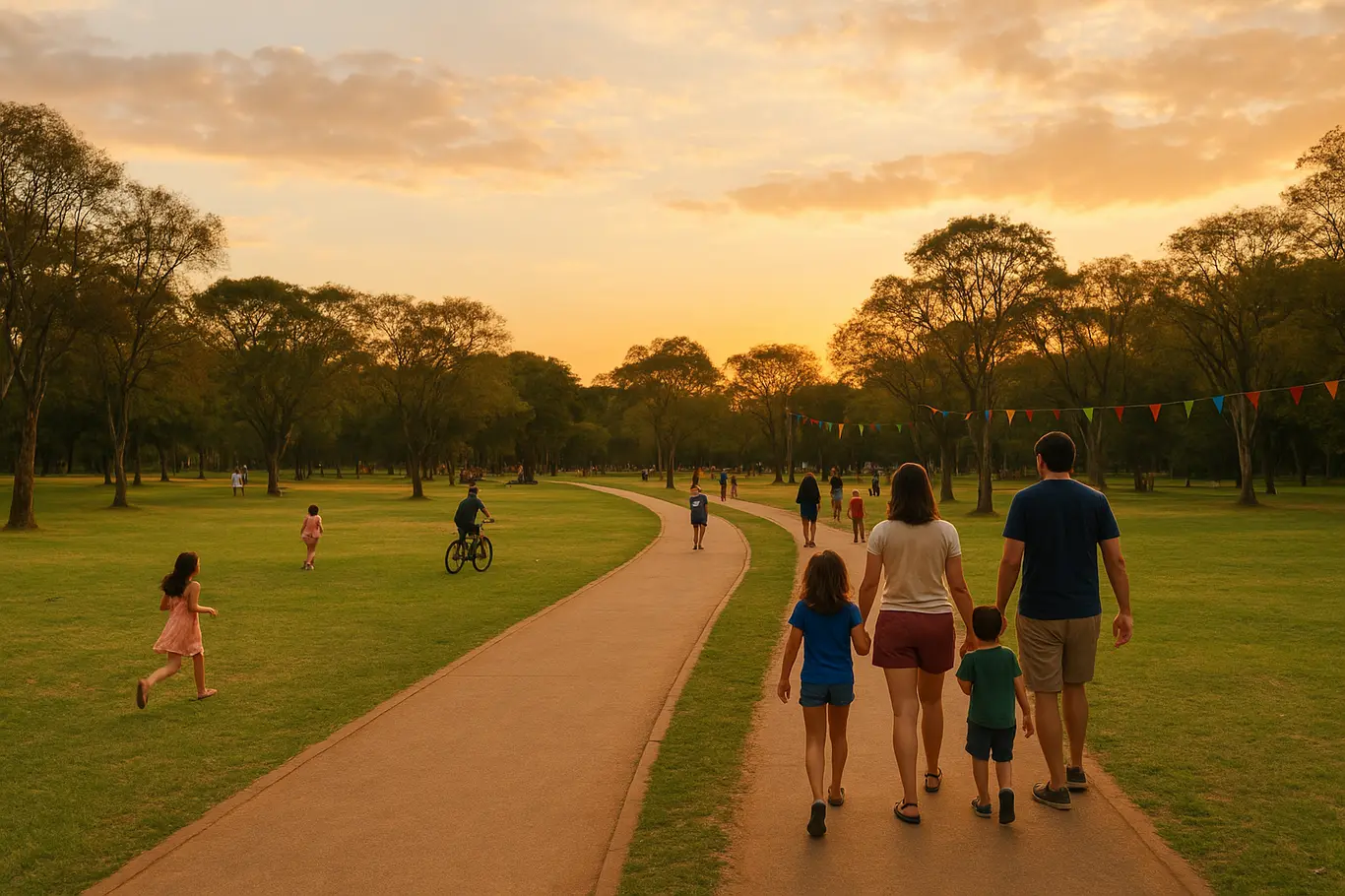 Visão ampla do parque com grupos de pessoas e trilhas