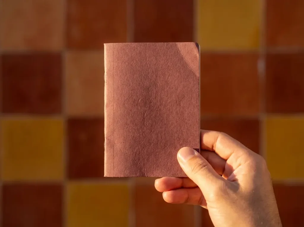 Mãos segurando documento de capa grená sem texto
