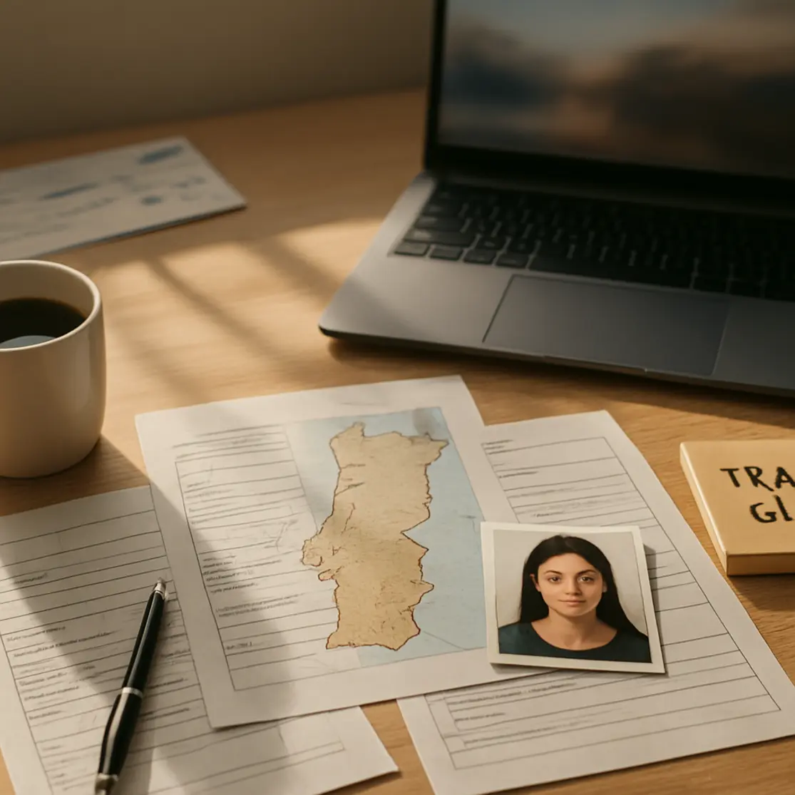 Mesa com documentos, laptop e mapa parcial de Portugal
